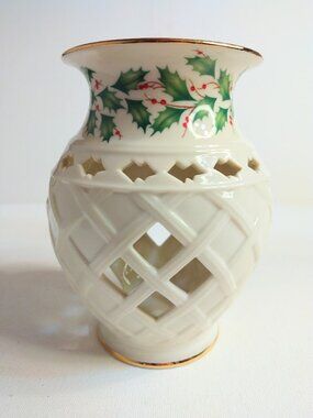 Lenox Christmas Tart Warmer Tea Light Holder Holiday Holly & Berries Gold Trim